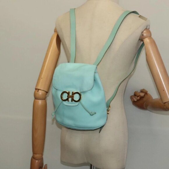 Salvatore Ferragamo Backpack Leather Turquoise Blue Gold Auth bs27971 main image 8
